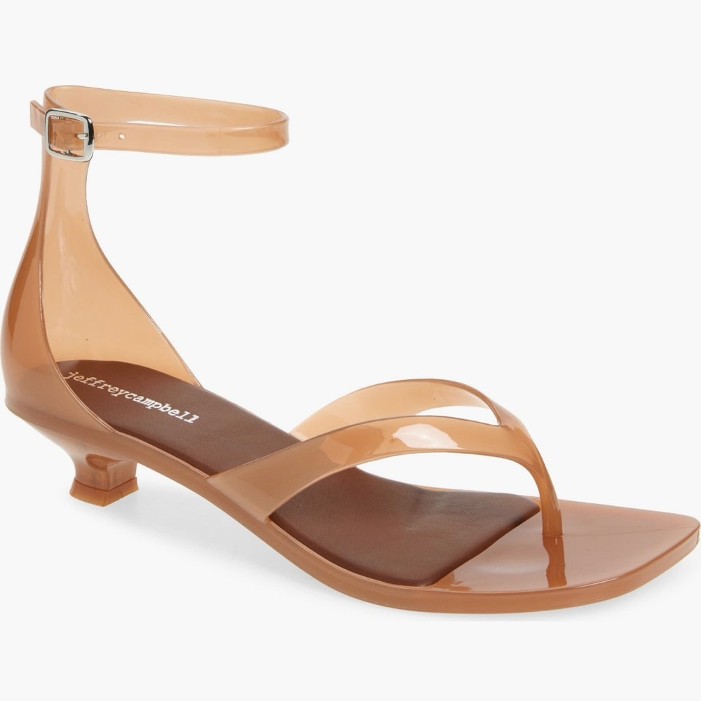 Jeffrey Campbell Gummy Ankle Strap Kitten Heel Thong Sandals Caramel